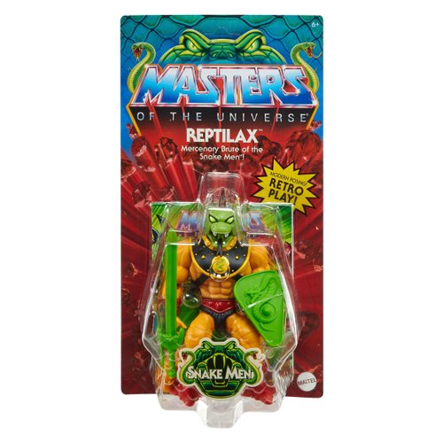 Masters of the Universe Origins Action Figure Reptilax Collectible, 5.5 Inch MOTU Tailed Snake Men Toy with 16 Posable Joints, 3 Weapons