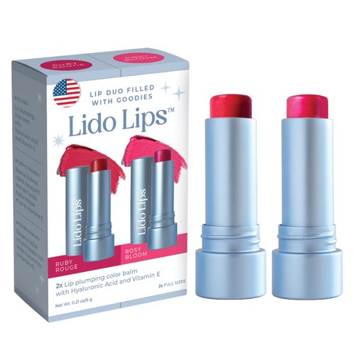 Lido Lips Tinted Lip Balm Bundle - Moisturizing, Hydrating Sheer Buildable Lip Color with Hyaluronic Acid, Vitamin E & rich oil - Set of 2: Ruby Rouge & Rosy Bloom