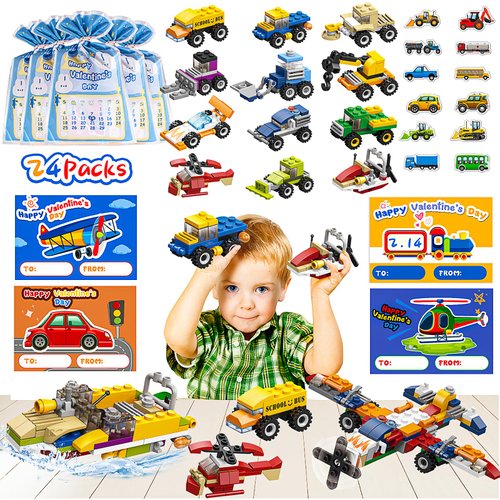 YDP 24 Packs Valentines Day Gifts for Kids Classroom-Building Blocks Kids Party Favors for Kids 4-8， Exchange Small Toys for Goodie Bags, Prize Box Toys for Kids Classroom