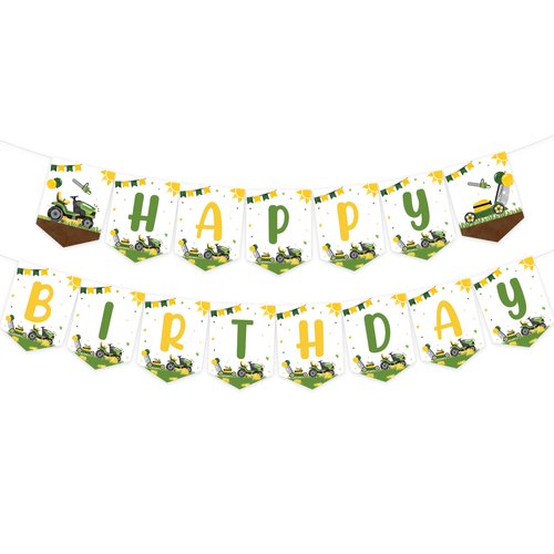 Lawnmower Birthday Party Decorations, Green and Yellow Tractor Happy Birthday Banner, Farm Farmyard Tractor Themed Birthday Party Decor Supplies