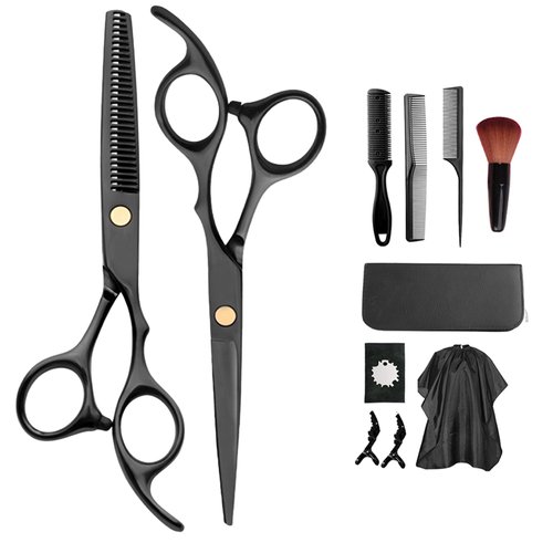 Haircut Scissors Sets - 11 Pcs Black Stainless Steel Haircut Set with Thinning Scissors, Neck Duster Brush, Comb, Barber Cape, Hair Clips with Pu Box