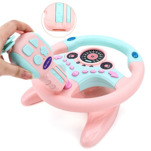 deAO Children's Car Steering Wheel Simulator Car Steering Wheel Key Ring with 360° Rotation, Sound and Light Functions (Pink)