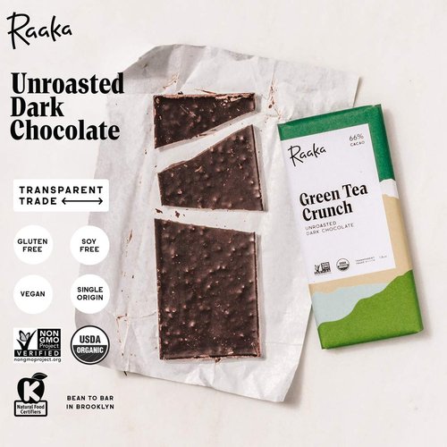 Raaka Chocolate Green Tea Crunch 66% Cacao Dark Chocolate | Gourmet Dark Chocolate Gift | Organic, Vegan, Fair Trade, Soy Free, Non GMO, Gluten Free, Kosher | 1.8oz Bars, 3-Pack