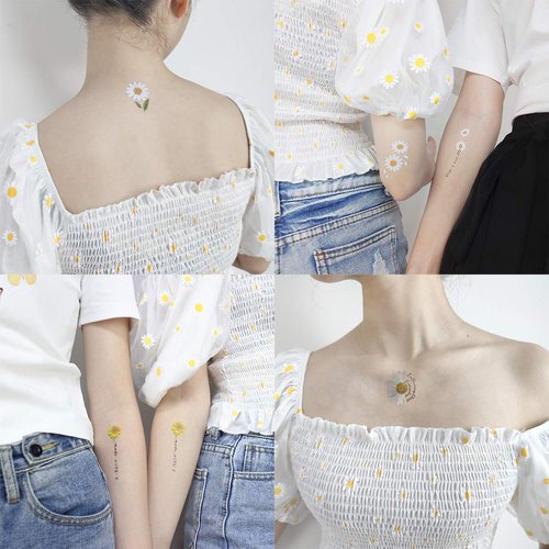 Oottati 15 Sheets Temporary Tattoo Stickers For Women Yellow White Daisy Flower Words Suit for Wrist Hand Neck