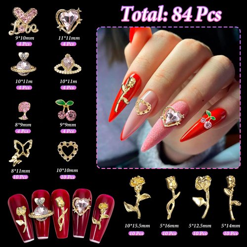 84 Pcs Gold Nail Charms Gems, Alloy Heart Planet Flower Rose Butterfly Cherry Rhinestone Nail Gems Charms, 3D Nail Art Decoration Nail Jewels Accessories for Nail Art Charms Manicure Craft DIY