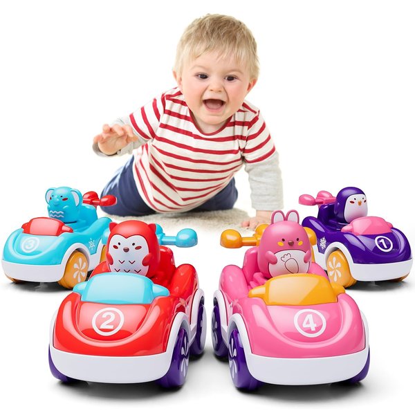Cartoon Animal Friction Return Car, Inertia Power Car, Push Toy, 1-2-3 Year Old Kids, Puzzle Toy, 4 Adventure Toy Car, Toys for Boys and Girls