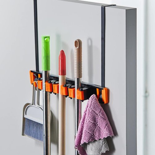 Unjumbly Broom Holder Wall Mount, Drilling Free Mop and Broom Holder with 2 Over Door Hooks, Tool Organizer for Laundry Room, Garage, Kitchen, Closet, Bathroom, Pantry - Orange