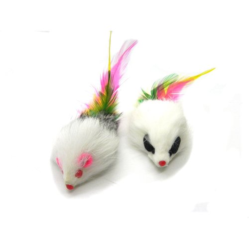 Kats'N Us Real Rabbit Fur Long Hair Feather Tail Mouse Cat Toy - 2pk
