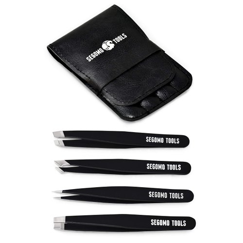 Segomo Tools 4 Piece Tweezer Set - Tweezers For Women - Ingrown Hair Removal Kit - Eyebrow Plucker - Precision Tweezers - Flat, Angled, Slant & Pointed Tweezers - TW004
