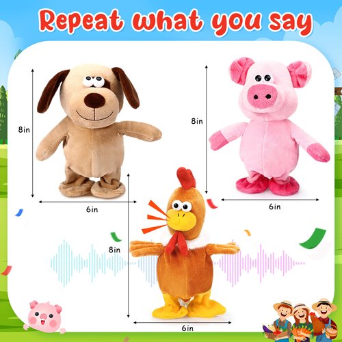 HyDren 3 Pcs Talking Chicken Pig Dog Chicken Stuffed Animals Set Farm Repeats What You Say Walking Chick Electric Interactive Animated Toy Speaking Plush Gift for Toddlers Christmas Birthday, 8''