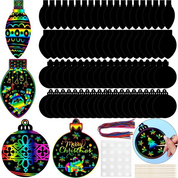 Hollowfly 80 Pieces Christmas Ornament Scratch Cards Rainbow Light Bulb Scratch Paper Christmas Tree Ornaments Christmas Party Supplies for Winter Xmas Home DIY Activities