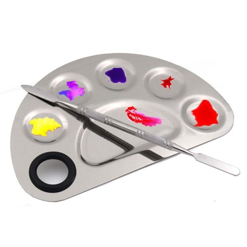 Stainless Steel 5-well Makeup Palette Artist Mixing Palette with Spatula for Cosmetic Blending (Semicircle)