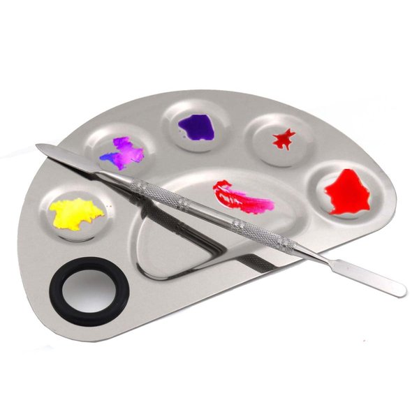 Stainless Steel 5-well Makeup Palette Artist Mixing Palette with Spatula for Cosmetic Blending (Semicircle)