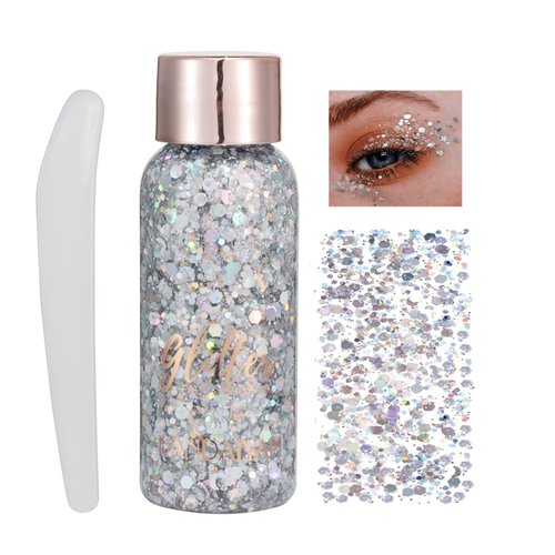 Holographic Silver Body Glitter, Mermaid Sequins Chunky Glitter Gel Face Glitter Makeup for Body, Hair, Nail, Eyeshadow, Waterproof Party Glitter for Festival Stage, Festival Accessories (#02 Silver)