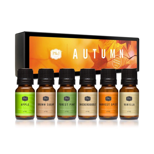 P&J Fragrance Oil Autumn Set | Brown Sugar, Apple, Harvest Spice, Vanilla, Forest Pine, and Snickerdoodle Scents for Candle Making, Freshie Scents, Soap Making Supplies, Diffuser Oil Scents