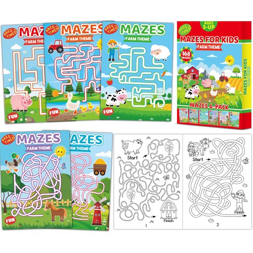 Wiooffen 168 Pages Farm Animals Maze Books for Kids Ages 3-8, 6-Pack- 6 Beginner Level Kids Activ...