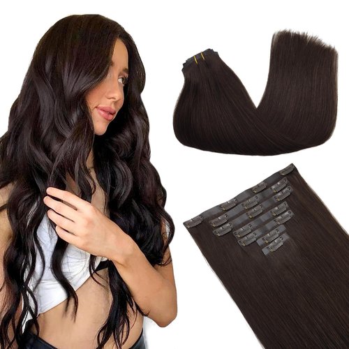 GOO GOO Clip in Hair Extensions Real Human Hair, 16inch 130g 7Pcs, 2A Light Brown, Remy Human Hair Extensions Clip ins for Women, Natural Human Hair
