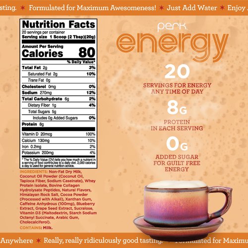 Perk Energy Original Vanilla Caramel Steamer Flavored Drink Powder (20 Servings) - Gluten-Free, Peanut-Free