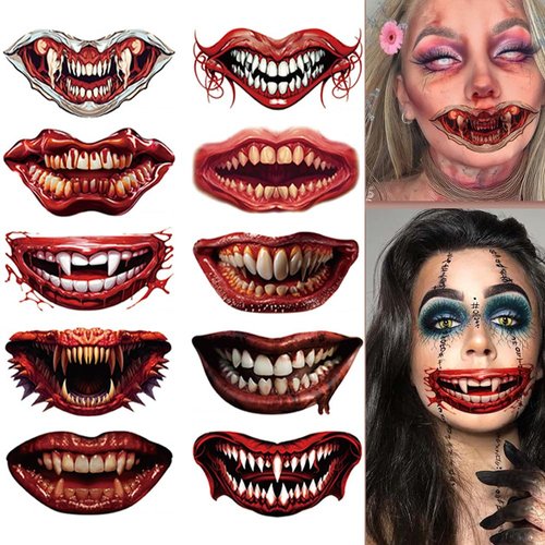 KOLONAMS Halloween Prank Makeup Temporary Tattoos for Adult Women, Set of 10 Sheets with Scary Clown Mouth Teeth Face Designs
