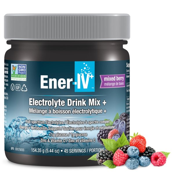 Ener-IV Electrolyte Hydration & Energy Drink Mix Potassium Zinc & Vitamin C Electrolytes Powder - Muscle Recovery & Immunity Sports Drinks for Women & Men, Low Sugar Non-GMO, Mixed Berry - 45 Servings