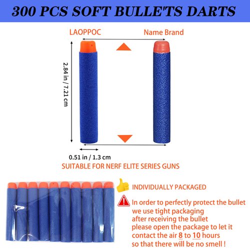 300PCS Refill Darts Bullets Compatible with Nerf Gun Bullets Toy Guns N-Strike Elite 2.0 Series, Laoppoc Premium Foam Bullets Pack for Children Kids Birthday Christmas Role Play Nerf Battle Game Gift