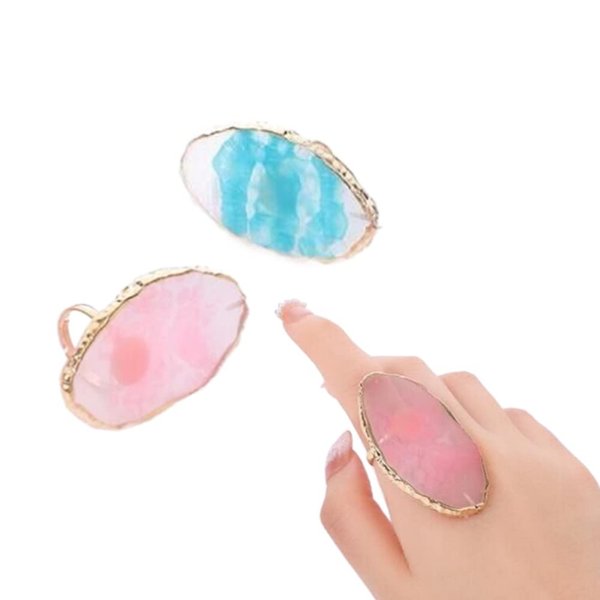 2 Pack Resin Stone Nail Art Palettes with Adjustable Finger Rings, Colorful Marble DIY Gel Polish Mixing Tray Plate for Eyelash Extension Glue Holder (Pink, Blue)