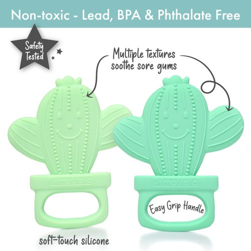 PrimaStella Silicone Cactus Teethers for Infants, Babies and Toddlers - Safety Tested - BPA Free - Cute, Soothing, Easy to Hold - Baby Teether Toy Set of 2 - Green & Neo Mint