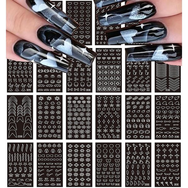 24 Sheets Airbrush Nail Stickers Nail Stencils French Tip Butterfly Star Heart Line Flower Moon Christmas Nail Decals Printing Template DIY Stencil Tool Nail Designs Nail Decorations