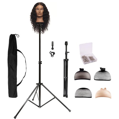 HYOUJIN Wig Head Stand,Wig Stand Tripod Mannequin Head Stand Metal Adjustable Holder for Mannequin Head,Manikin Head,Training Head,Canvas Block Head with Wig Caps,T-Pins,Carry Bag 35.4-52.4 in(Black)