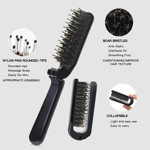 Aozzy 6Pcs Travel Boar Bristle Folding Hair Brush with Retractable Band for Thin/Thick Hair, Mini Brush for Women's Hairstyles, Men's Hair & Beard - Great for Purse/Pocket