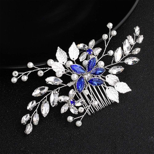 Aimimier Bridal Hair Comb for Women Crystal and Pearl Side Comb for Wedding Leaf Headpiece with Marquise Bridesmaid Hair Jewelry Prom Party Festival Headdress(Silver/Blue)
