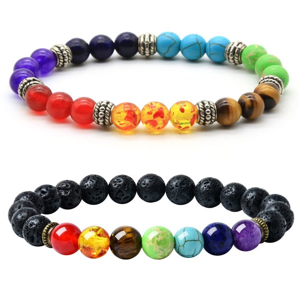 HEDQFM 2pcs Lava Rock 7 Chakra Bracelet Aromatherapy Essential Oil Diffuser Bracelets Couples Yoga Beads Bracelet Lava Stone Stretch Bracelet for Men Women (Chakra Bracelet B)
