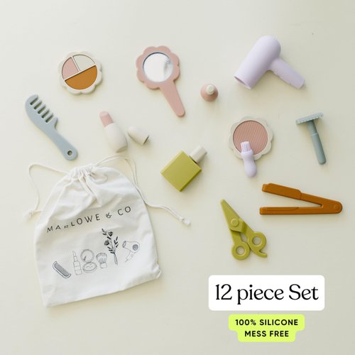 Marlowe & Co Silicone Hair Salon and Makeup Kit for Toddlers and Children, 12 Piece Pretend Play Hair and Makeup Kit, Princess Christmas Birthday Gift for 3 4 5 6 Year Old Girls (Retro Multi Mix)