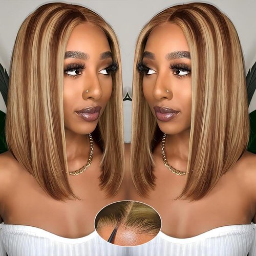 Ombre Bob Wig Human Hair 4/27 Highlight Honey Blonde Lace Front Bob Wigs Human Hair 180% Density Glueless Wigs Human Hair Pre Plucked Pre Cut 4x4 HD Lace Front Wigs Human Hair for Black Women 12 inch