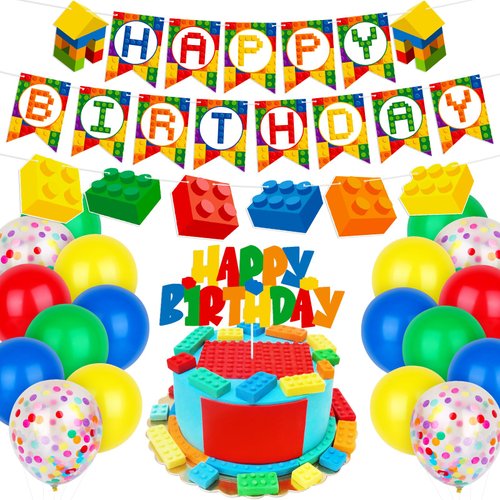 Building Blocks Themed Birthday Party Decorations Pack - Include Building Block Happy Birthday Banner Colorful Cake Topper and Balloons for Boys Girls Summer Colorful Themed Party Supplies