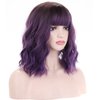 BERON 14 Inches Purple Wig Short Curly Wig with Bangs Synthetic Wigs Women Girls Dark Roots Ombre Purple Wigs with Wig Cap