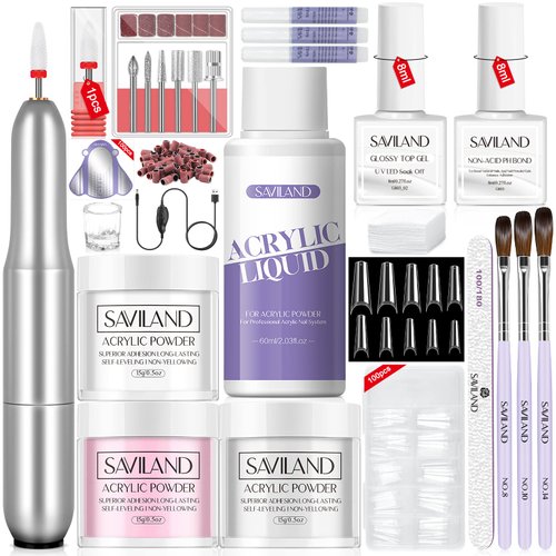 Saviland Acrylic Nail Kit with Drill - 3 Colors Acrylic Powder and Liquid Set 2oz Glue Nail Tips 100pcs Nail Primer Top Gel 15ml Professional Acrylic Nail Kit for Beginners DIY Nail Extension