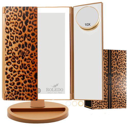RoLeDo 3 Folds Lighted Vanity Makeup Mirror, 72 LED Makeup Mirror with Lights, 2X/3X/10X Magnification, Touch Screen 3 Color Lighting Portable Cosmetic Mirror Desk, Gifts for Women, Cheetah Print