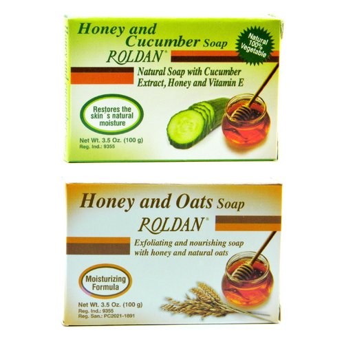Roldan Natural Bar Soap, Unisex, 2 Bar, Variety Pack - Unisex Bar Soap - Honey Oat, Honey, Honey Cucumber- Enriched with Vitamin E, Moisturizing and Nourishing