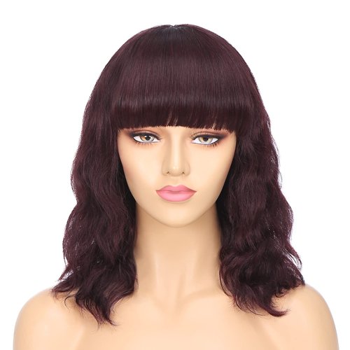 FAVE 12 Inch Natural Wave Wig with Bangs Human Hair Wigs for Women 100% Brazilian Virgin Human Hair Wig 99J Short Bob Wig with Bangs (12 inch, 99J)