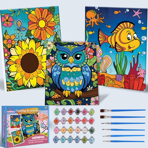 Kids Paint By Number Kits Age 8-12, 3 Pack 8x10 Inch Framed Canvas With 24x3ml Acrylic Paint Pots, 6 Brushes, Painting Kits For Kids, Crafty By Numbers With Paint, 6-10 Year Old Girl Birthday Gift