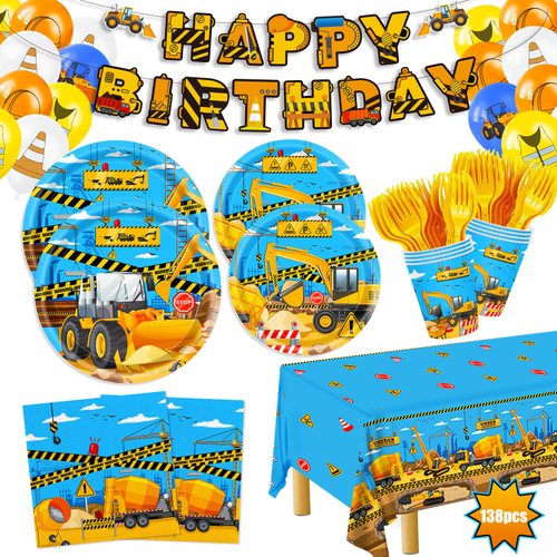 138pcs Construction Birthday Party Supplies Includes Construction Birthday Plates Napkins Tablecloth Cups Cutlery and Banner Construction Themed Party Supplies for boys Serves 24