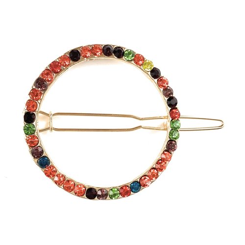gold crystal circle barrette outline shape metal hair clip round multi color 1 5/8 inches wide