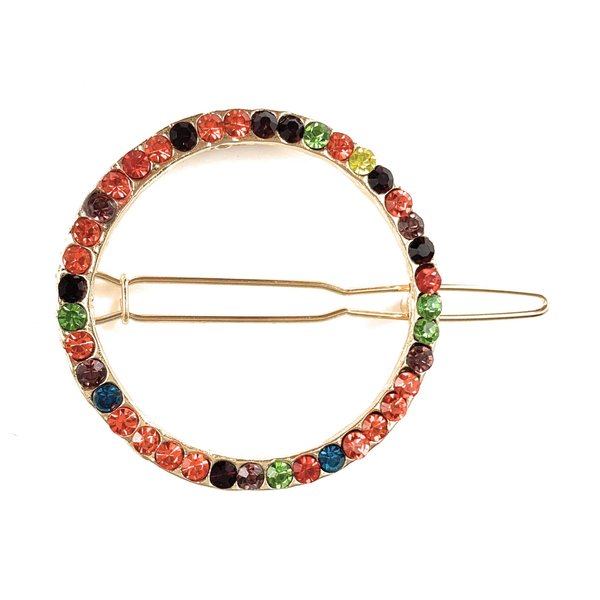 gold crystal circle barrette outline shape metal hair clip round multi color 1 5/8 inches wide