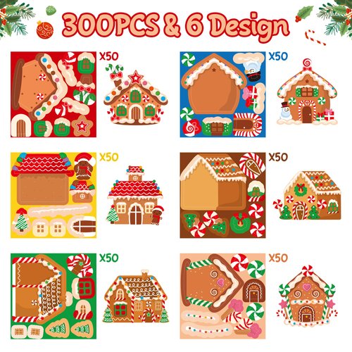 Haooryx 300pcs Christmas Make a Gingerbread House Scene Sticker Roll Make Your Own Christmas Gingerbread House Sticker Decals DIY Art Craft for Xmas Holiday Party Supply Water Bottle Envelopes Decor