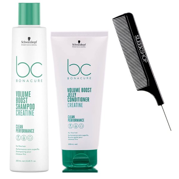 Schwarzkapf BC Bonocure VOLUME BOOST Creatine Shampoo & JELLY Conditioner DUO SET for Fine Hair, Newest 2023 Formula (w/ SLEEKSHOP Steel Pin Rat Tail Comb) Clean Hair Performance, Vegan (Shampoo (8.45 oz) + Conditioner (6.7 oz))