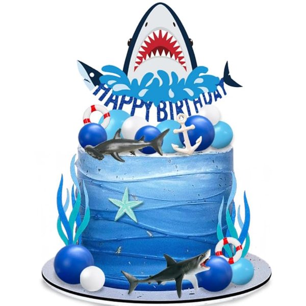 DRWATE 22 PCS Shark Cake Topper Shark Figurines Decorations for Boys Girls Ocean Theme Birthday Party Supplies (Blue)