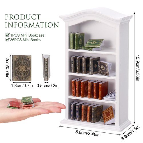 36 Pcs 1:12 Scale Miniatures Dollhouse Books and 1 Wooden Bookcase,4 Floors Furniture Display Bookshelf Cabinet Mini Assorted Books,Dollhouse Decoration Accessories for Home Bedroom