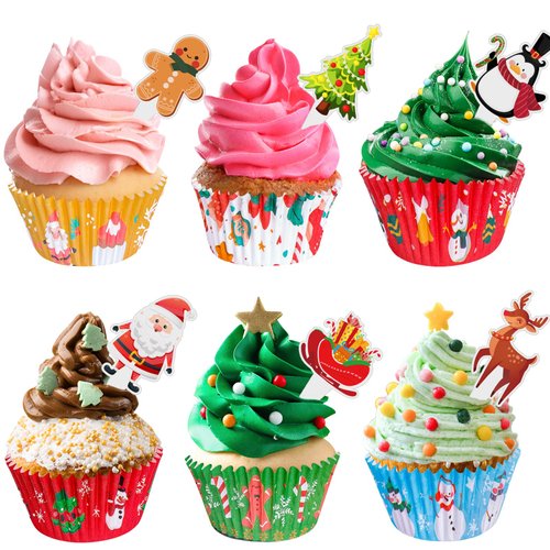 Christmas Cupcake Liners with Toppers Picks, Standard Wrappers Cupcake Disposable Baking Cups Muffin Liners for Xmas Holiday Party Favors, Party Decorations for Christmas Baking Supplies