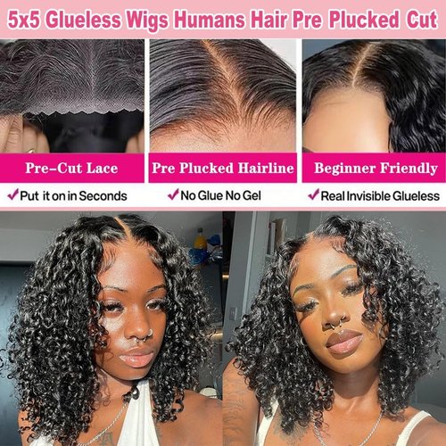 12 Inch 5X5 Wear and Go Glueless Bob Wigs Human Hair Pre Plucked Pre Cut 5X5 Lace Closure Wigs Human Hair For Women Deep Wave Curly Bob Wigs Human Hair Pre Plucked Pre Cut For Beginner 180% Density